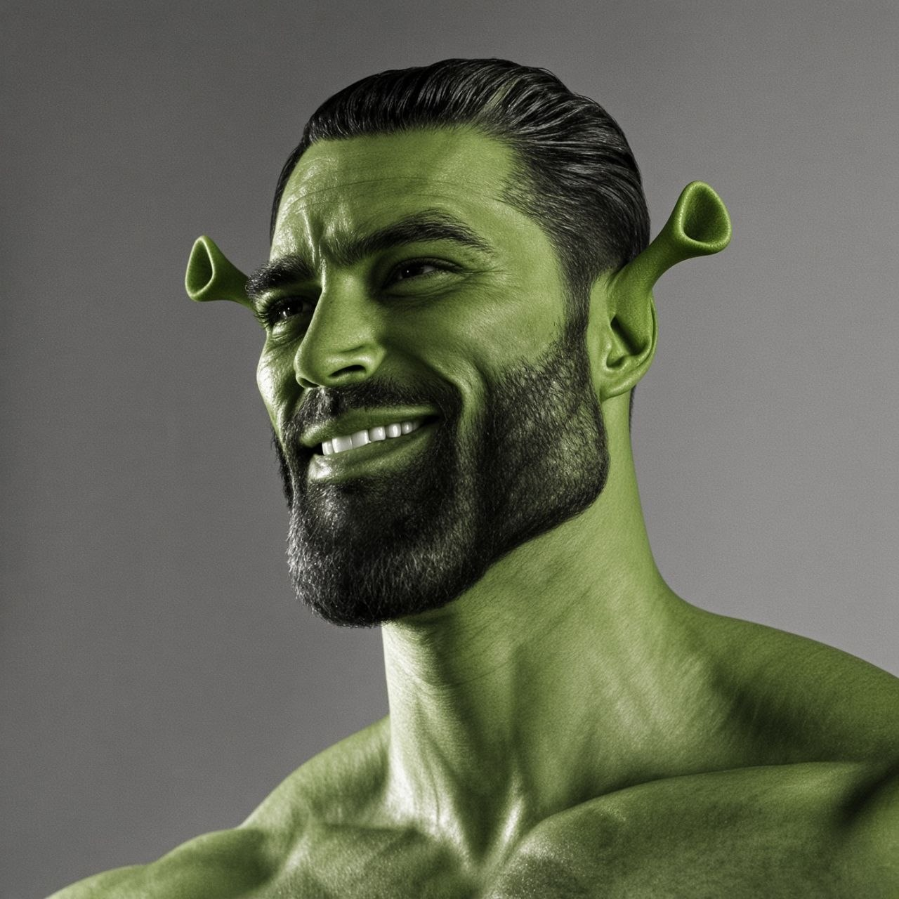 $GIGASHREK, a muscular green ogre-skinned man smirking