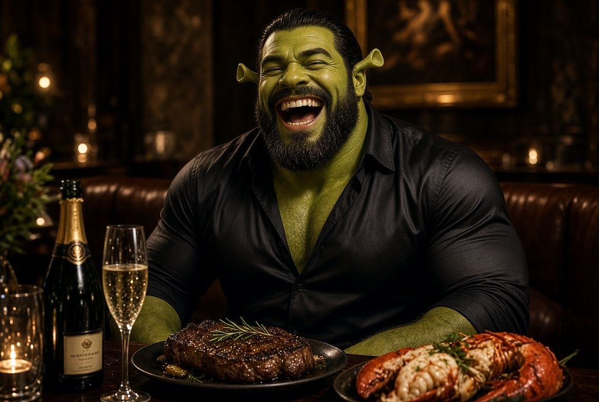 $GIGASHREK laughing over steak, lobster and champagne