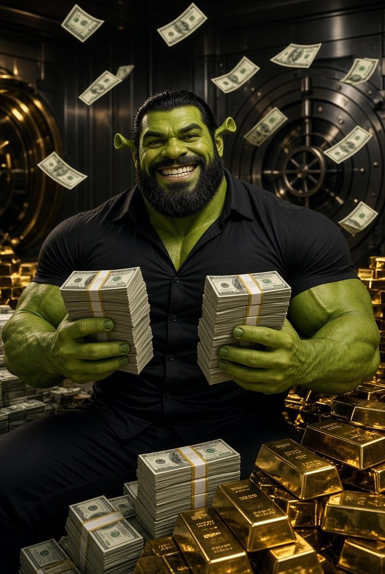 $GIGASHREK holding stacks of cash inside a vault full of gold bars