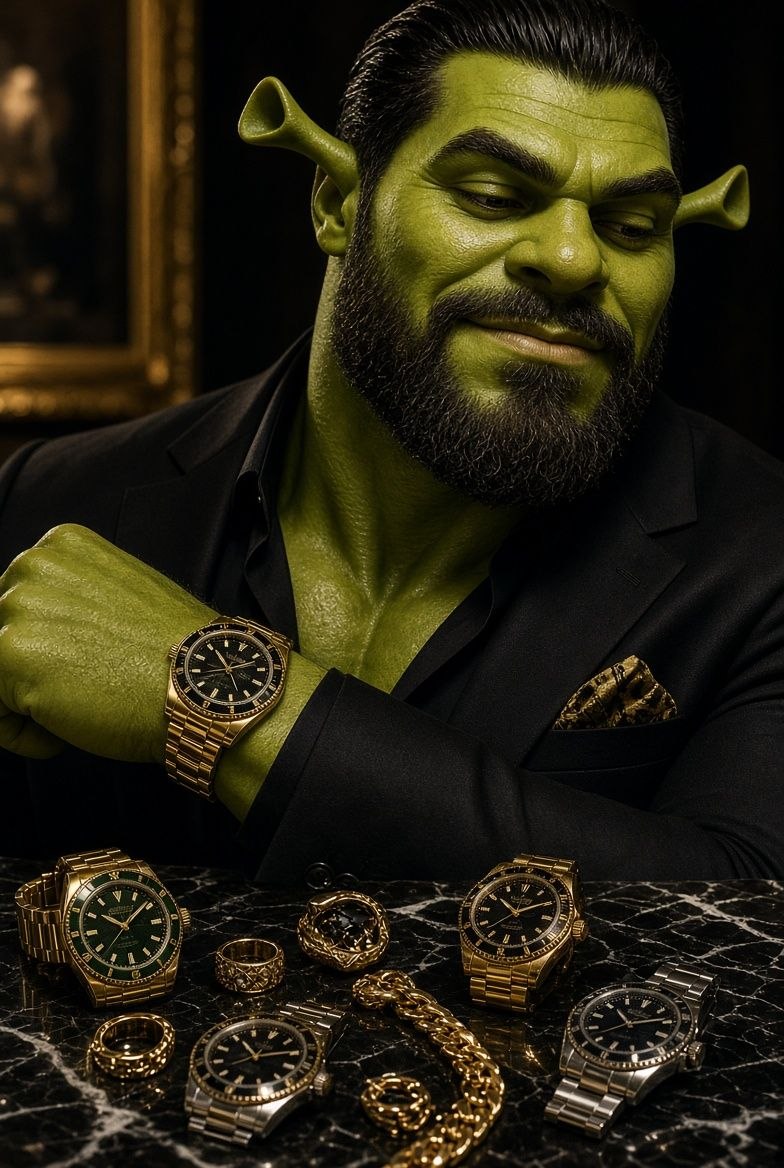 $GIGASHREK in a suit checking a gold watch beside a table of watches and chains